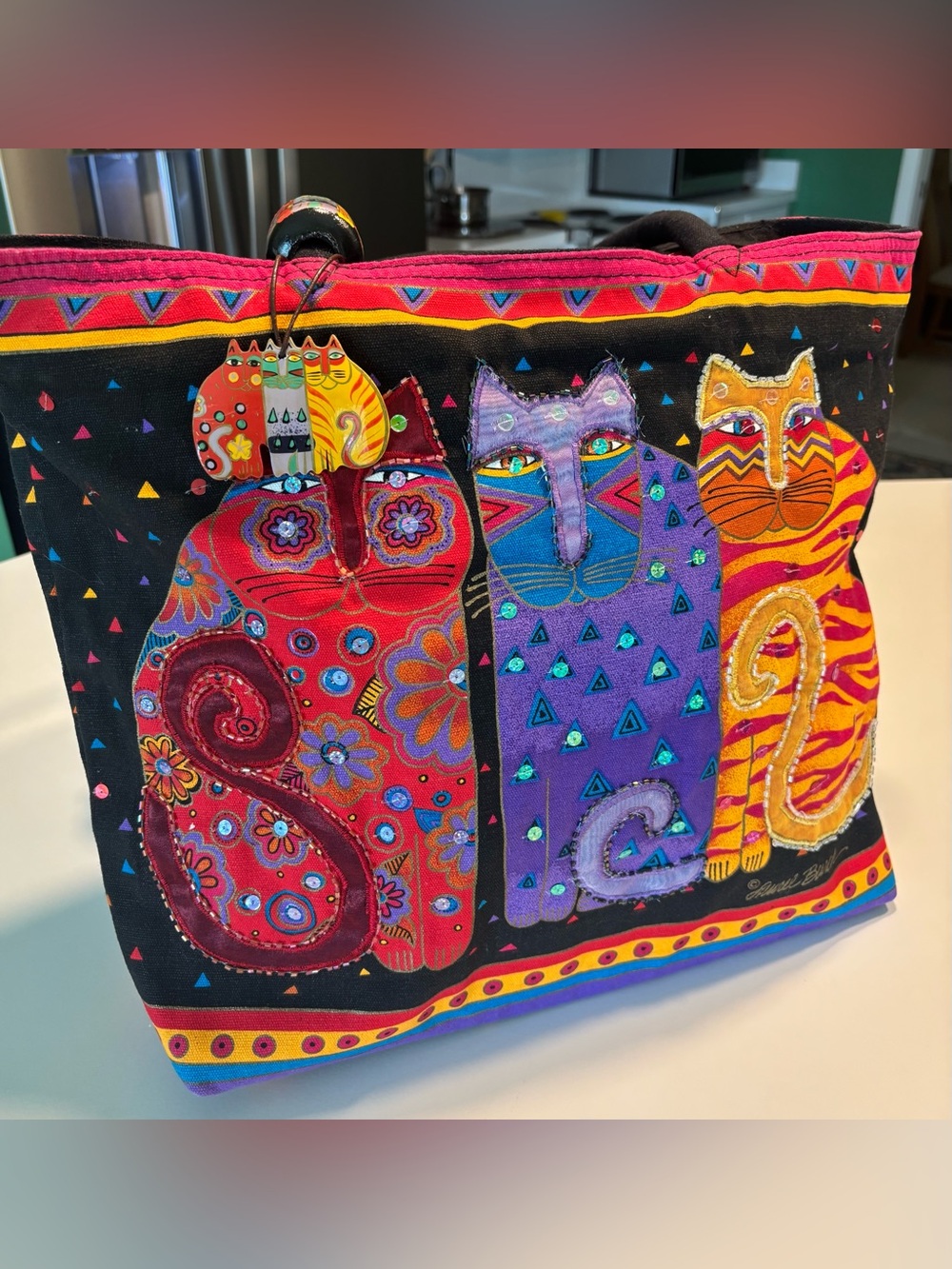 Vintage Laurel Burch Multicolor Cat Tote — Red, Purple, Orange & Yellow